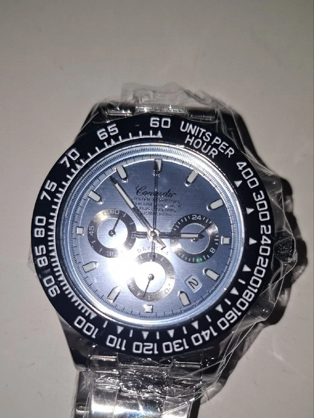 Men's Silver Stainless Steel Chronograph Watch — Polished Steel Bracelet